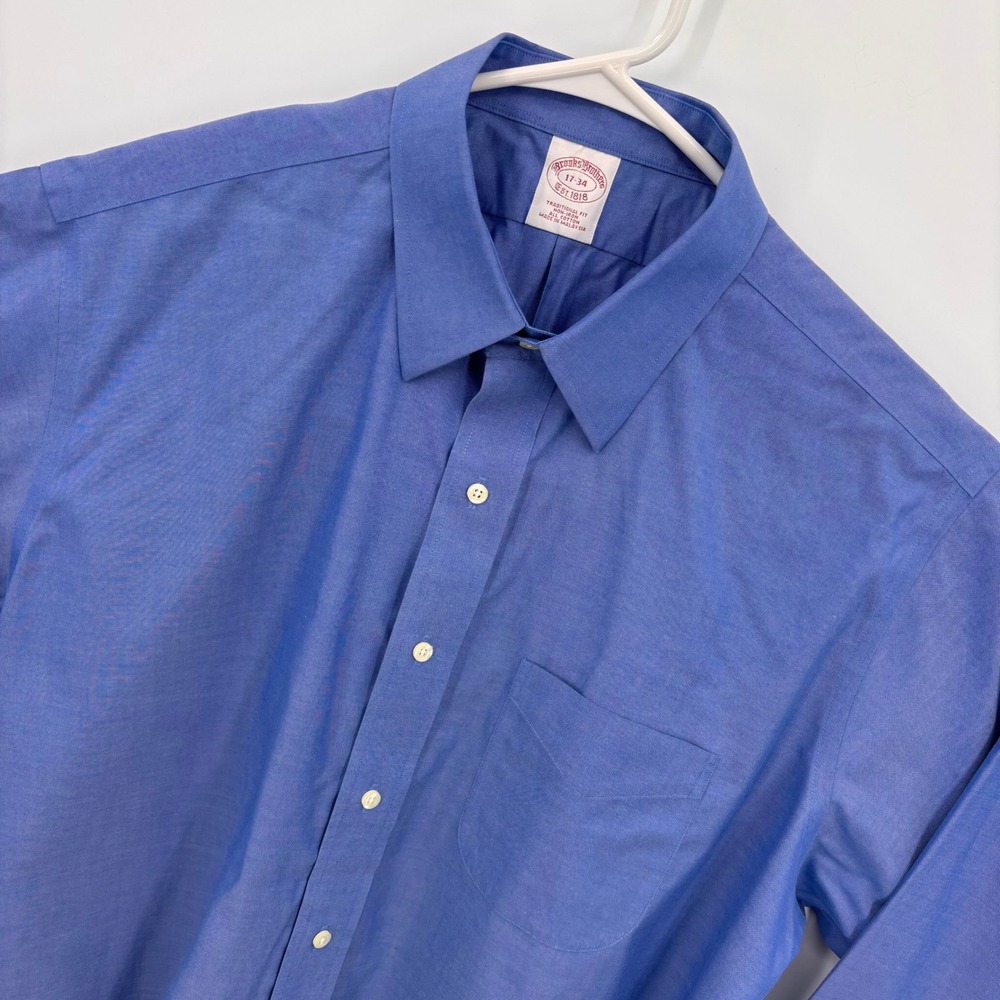 Brooks Brothers Dress Shirt Mens 17-34 Blue Excellent Non-Iron Traditional Fit